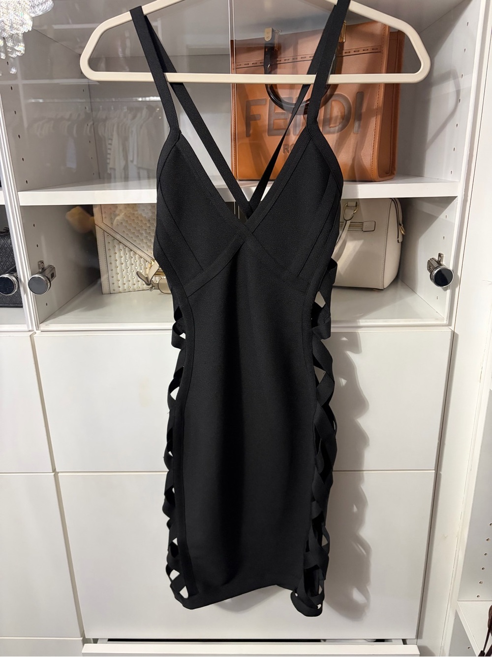 Women's Black Strappy Mini Dress with Side Lattice Detail